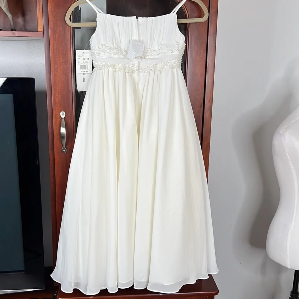 David's Bridal Girls Ivory Beaded Empire Waist Formal Dress - Picture 7 of 9